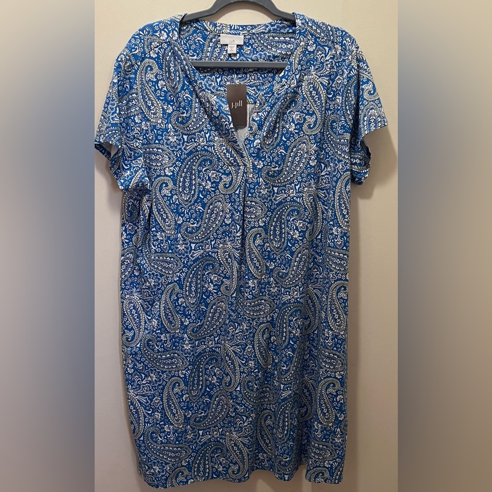 J. Jill Paisley-Printed A-Line Dress blue white short sleeve XLP NWT - Picture 6 of 11
